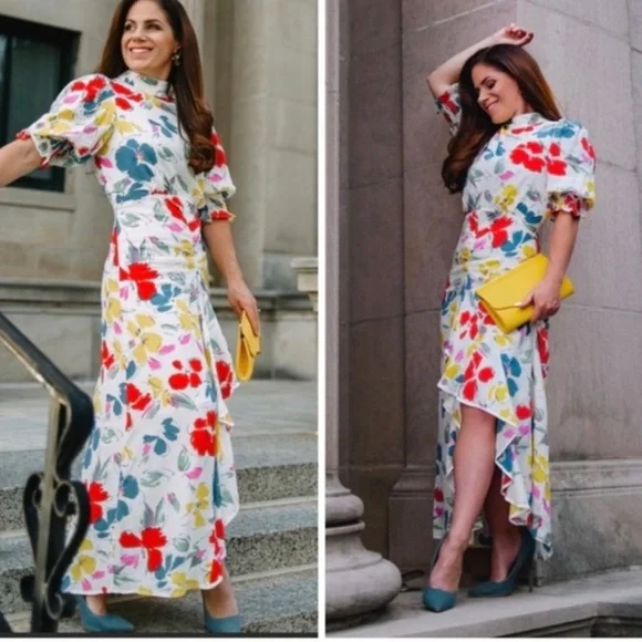 Rixo white Floral multicolored Mock Neck Cascade Ruffle Dress short sleeves sz 6 - Picture 10 of 16